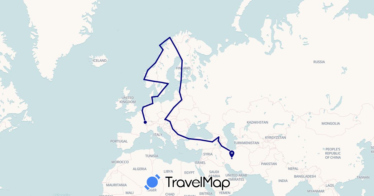 TravelMap itinerary: driving in Armenia, Austria, Belgium, Bulgaria, Germany, Denmark, Finland, France, Georgia, Hungary, Iran, Lithuania, Latvia, Netherlands, Norway, Poland, Serbia, Sweden, Slovakia, Turkey (Asia, Europe)